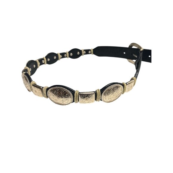 Justin Western Concho Belt Black Leather Silver Engraved Top Grain Cowhide sz34 - Picture 6 of 7